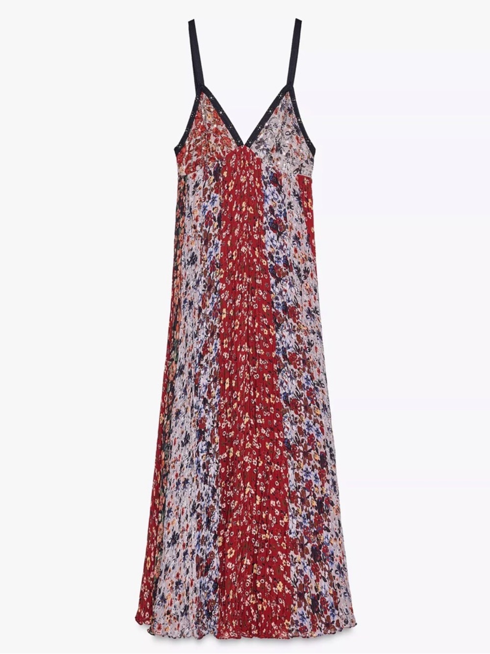 Zara Red Floral Pleated Maxi Dress with Black Trim